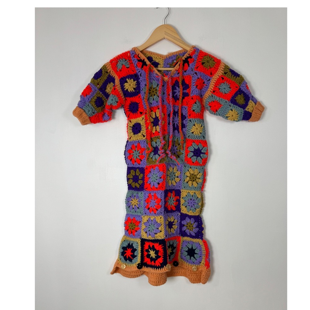 Boho Handmade Women XS/S Granny Square Crochet‎ Dress Multicolor Patchwork Retro